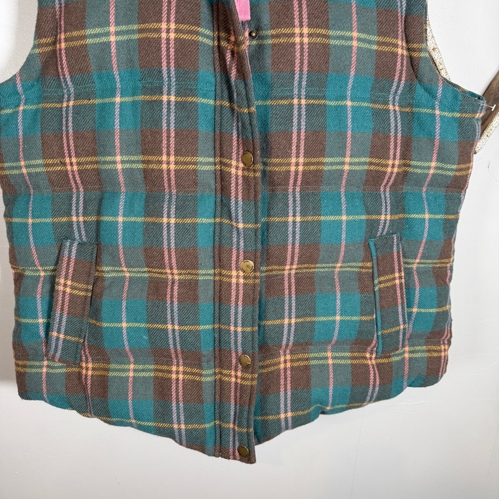 Boden Teal Brown Pink Yellow Plaid Pembroke Hooded Puffer Vest Size 16 - Picture 5 of 16